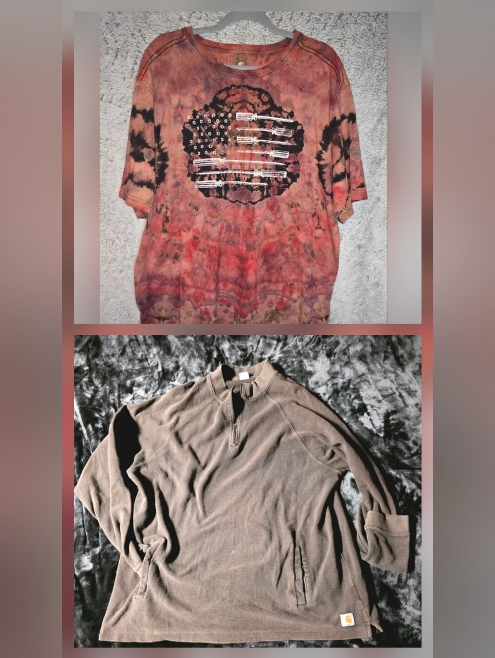 Set- Of 2 -2XL Carhartt Men’s Brown Quarter-Zip Shirt And Tie-Dye Tee